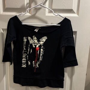 Black Graphic "Bleeding Through" Off-Shoulder Top SMALL